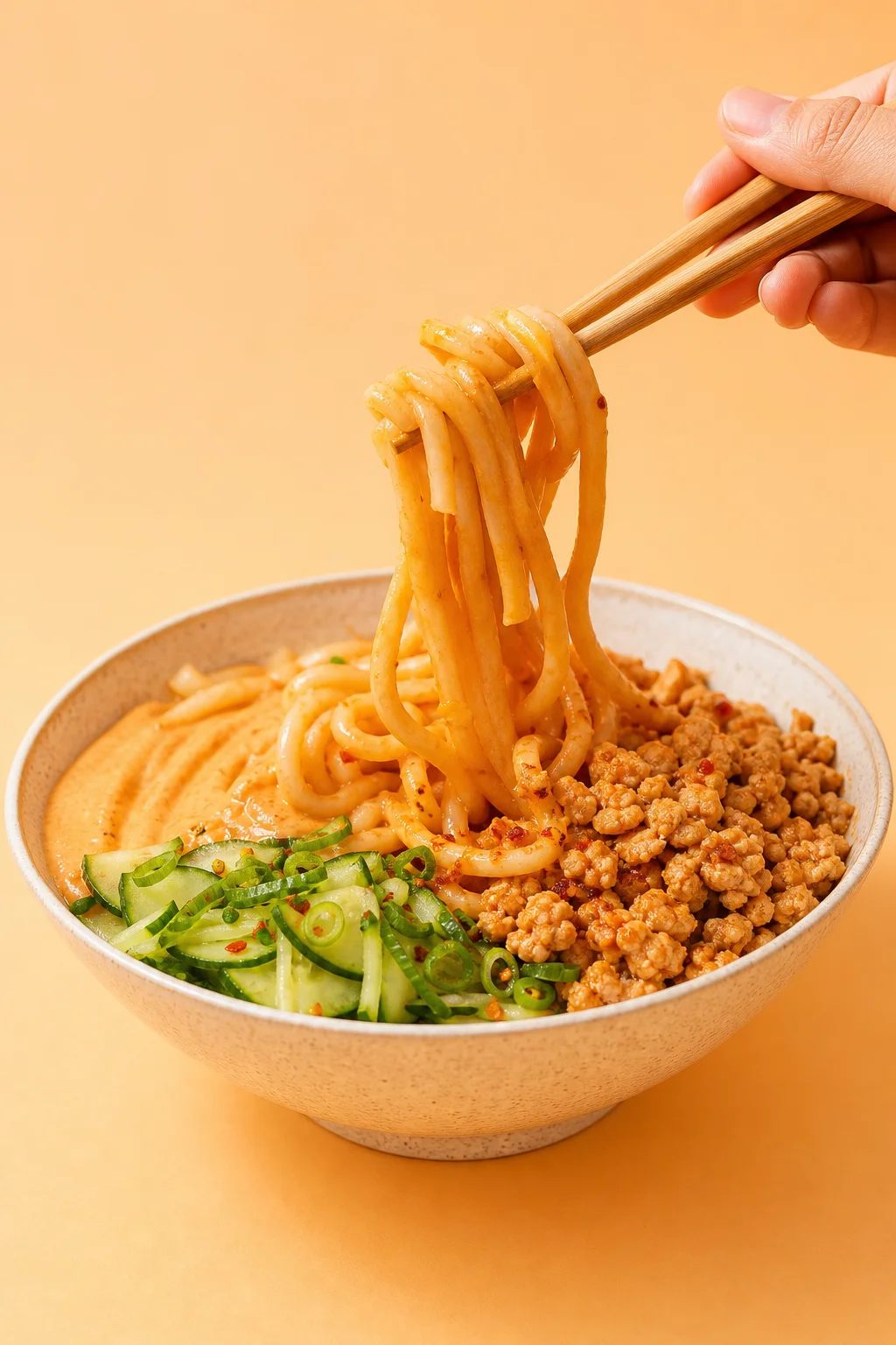 Spicy tofu and chicken udon noodles